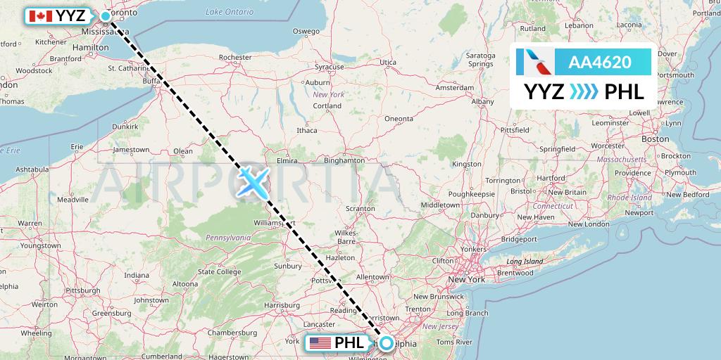 AA4620 American Airlines Flight Map: Toronto to Philadelphia