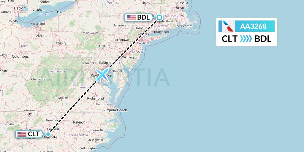 AA3268 American Airlines Flight Map: Charlotte to Windsor Locks
