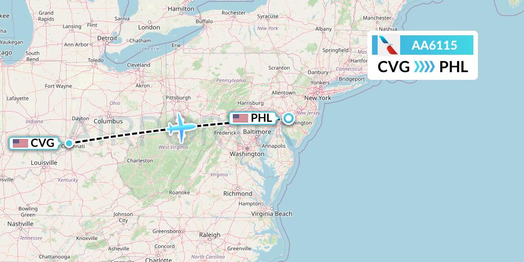 AA6115 American Airlines Flight Map: Cincinnati to Philadelphia