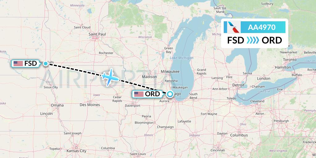 AA4970 American Airlines Flight Map: Sioux Falls to Chicago