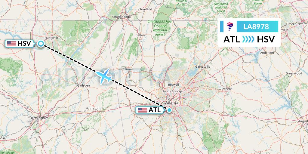 LA8978 LAN Airlines Flight Map: Atlanta to Huntsville