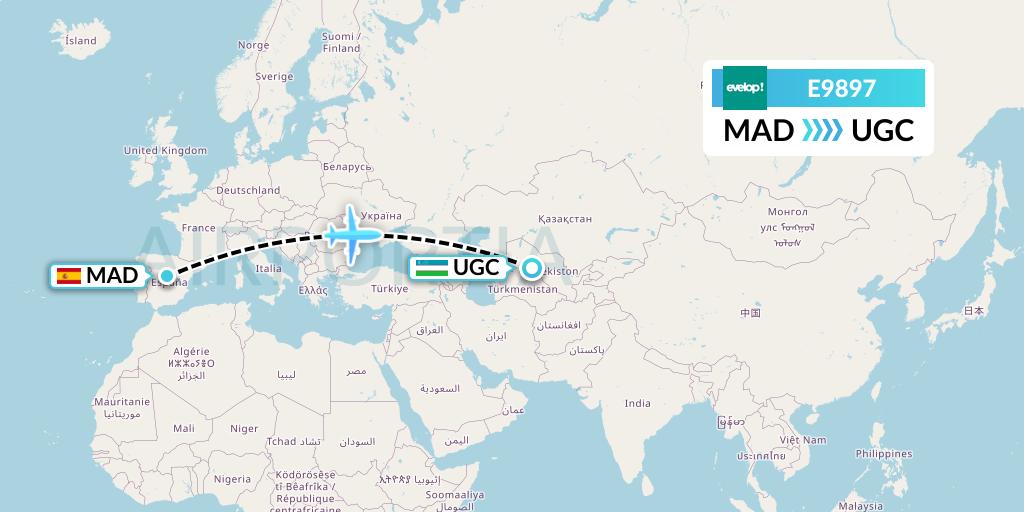 E9897 Evelop Airlines Flight Map: Madrid to Urgench