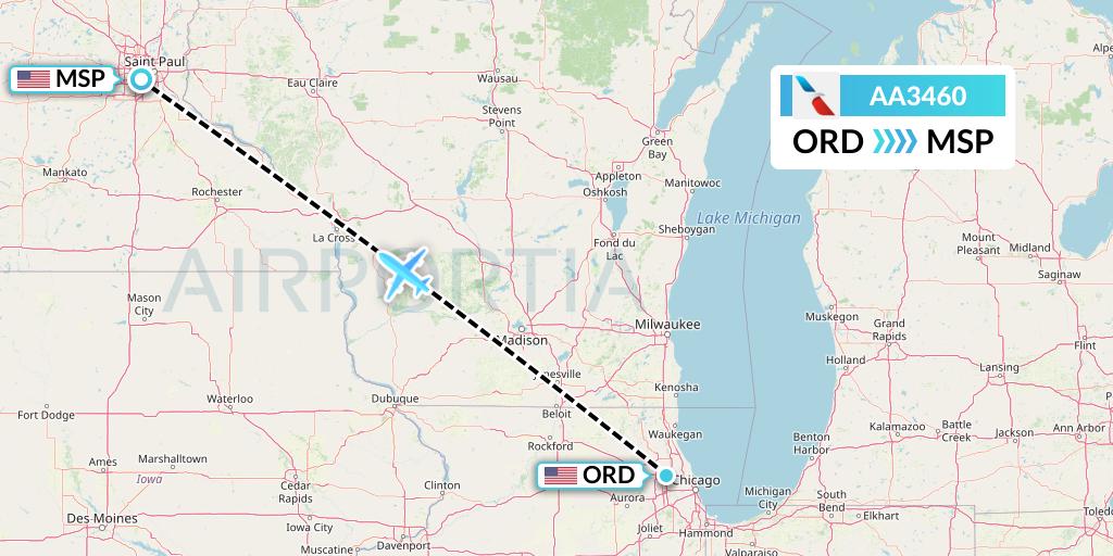 AA3460 American Airlines Flight Map: Chicago to Minneapolis