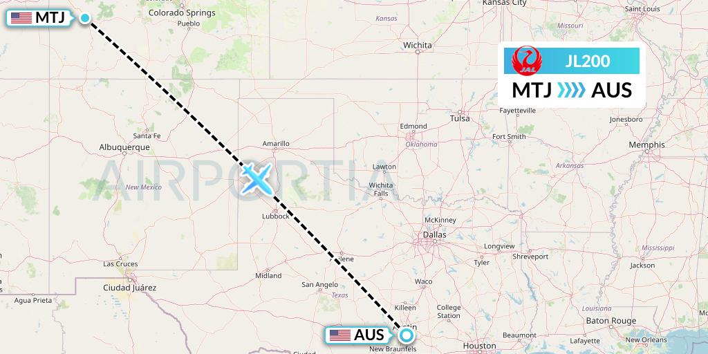 JL200 Japan Airlines Flight Map: Montrose to Austin