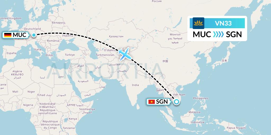 VN33 Vietnam Airlines Flight Map: Munich to Ho Chi Minh City