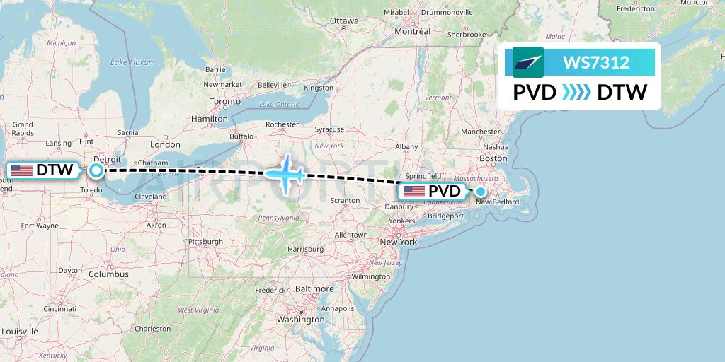 WS7312 WestJet Flight Map: Providence to Detroit