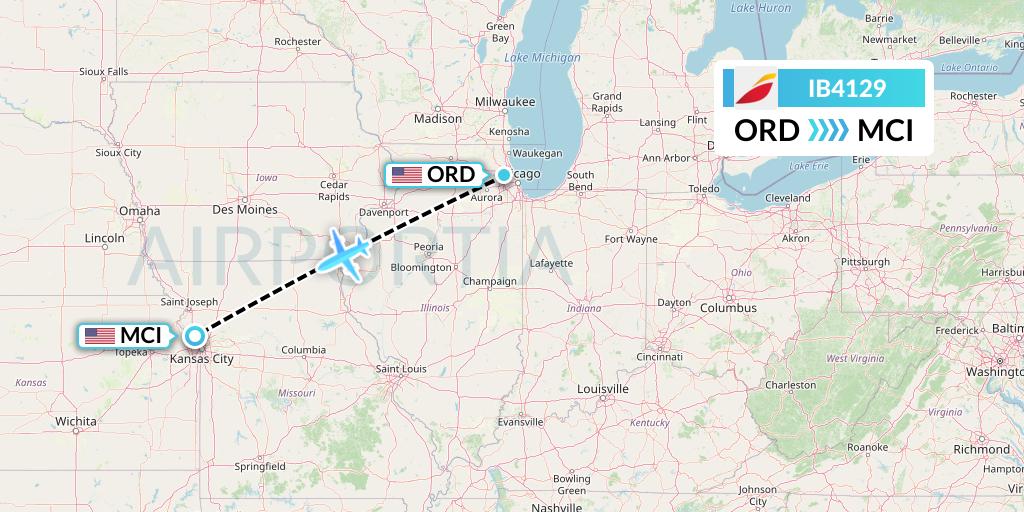 IB4129 Iberia Flight Map: Chicago to Kansas City