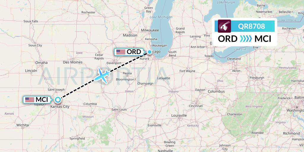 QR8708 Qatar Airways Flight Map: Chicago to Kansas City