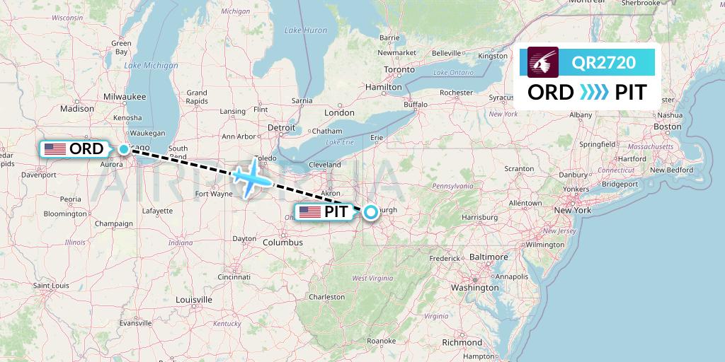 QR2720 Qatar Airways Flight Map: Chicago to Pittsburgh