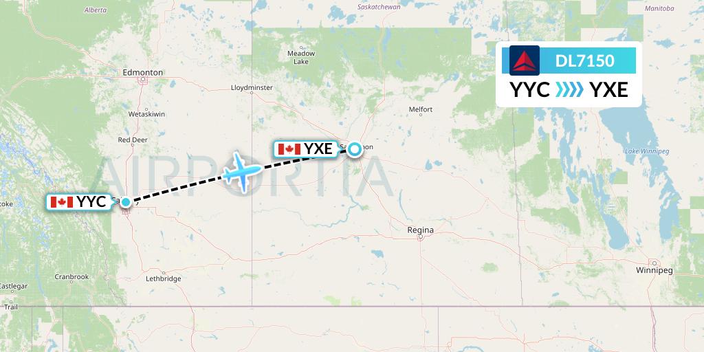 DL7150 Delta Air Lines Flight Map: Calgary to Saskatoon