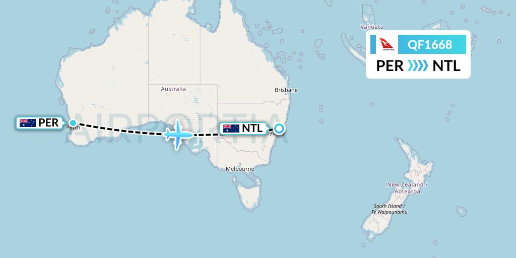 QF1668 Qantas Flight Map: Perth to Newcastle