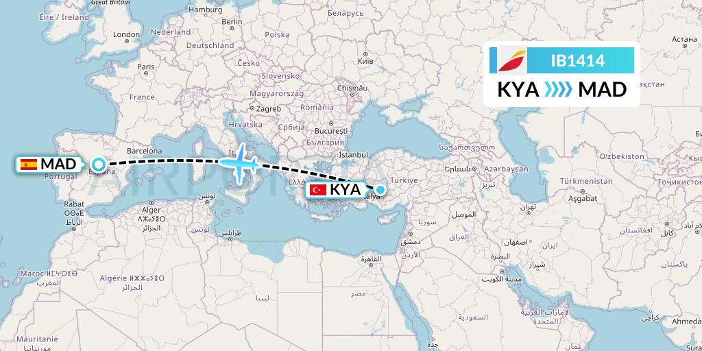 IB1414 Iberia Flight Map: Konya to Madrid