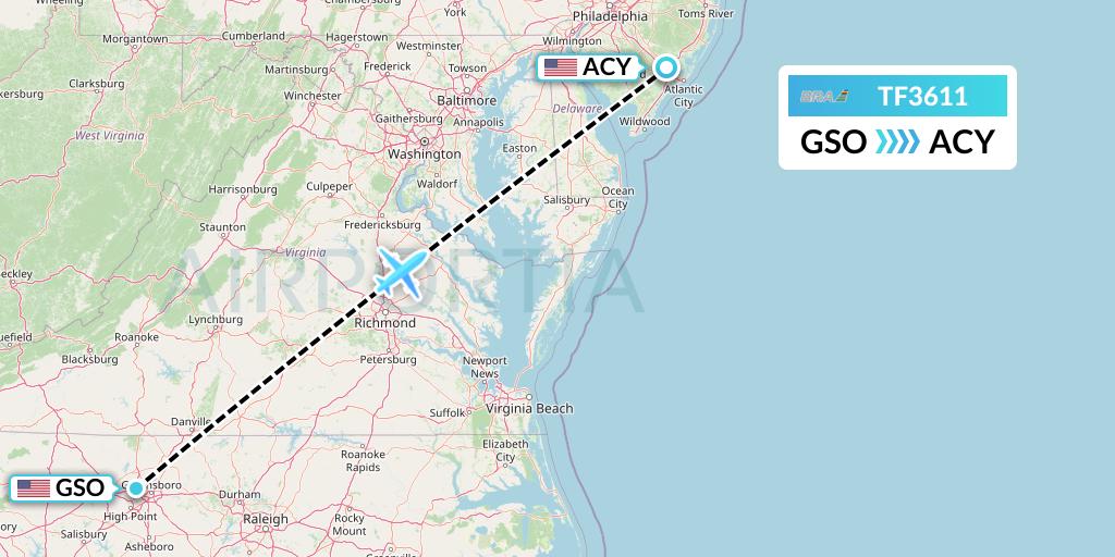 TF3611 Malmo Aviation Flight Map: Greensboro to Atlantic City