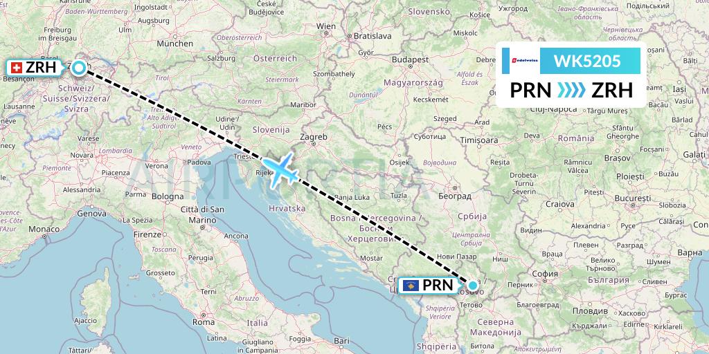 WK5205 Edelweiss Air Flight Map: Pristina to Zurich