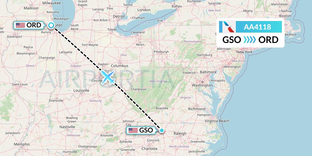 AA4118 American Airlines Flight Map: Greensboro to Chicago