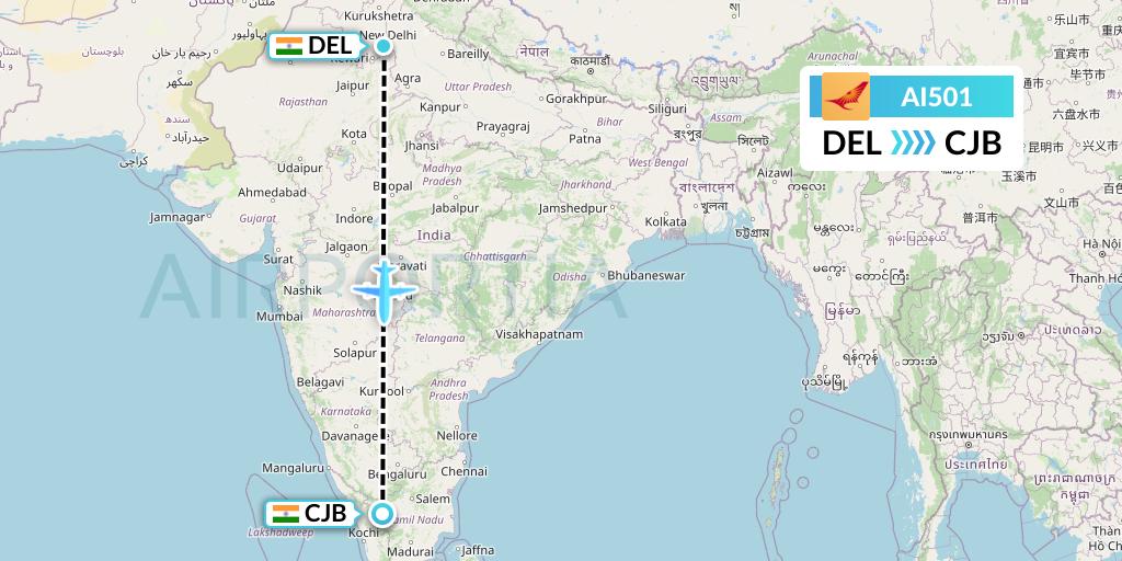 AI501 Air India Flight Map: Delhi to Coimbatore