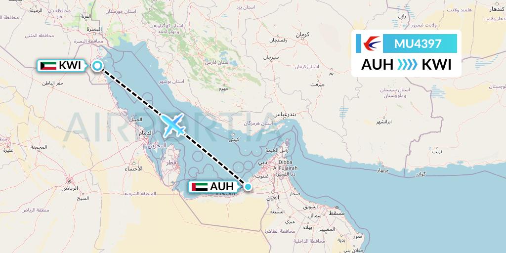 MU4397 China Eastern Airlines Flight Map: Abu Dhabi to Kuwait City