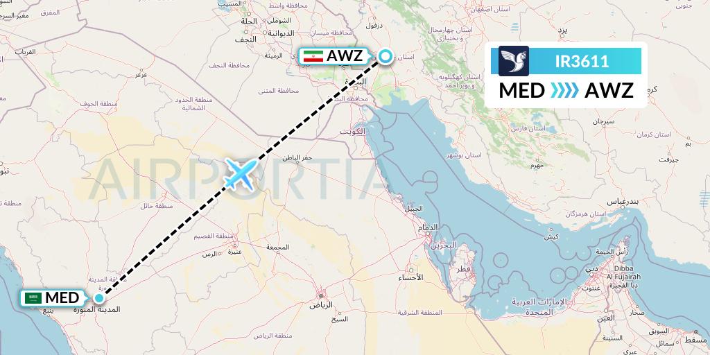 IR3611 Iran Air Flight Map: Medina to Ahvaz