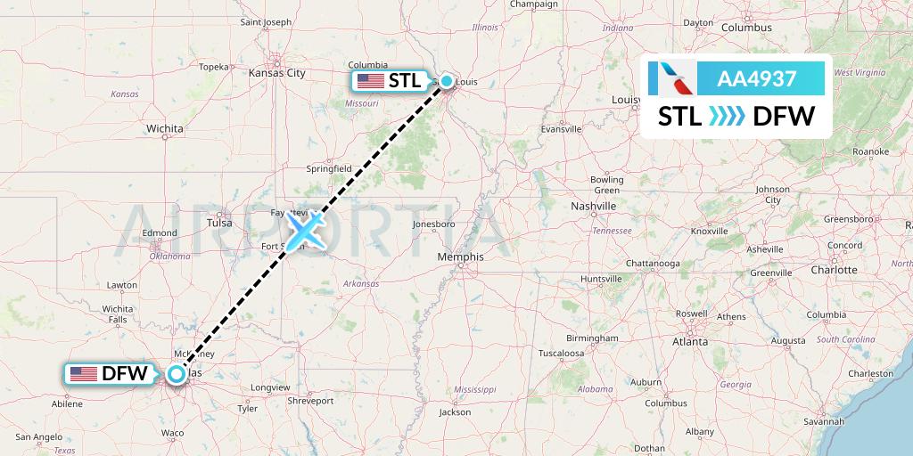AA4937 American Airlines Flight Map: St. Louis to Dallas