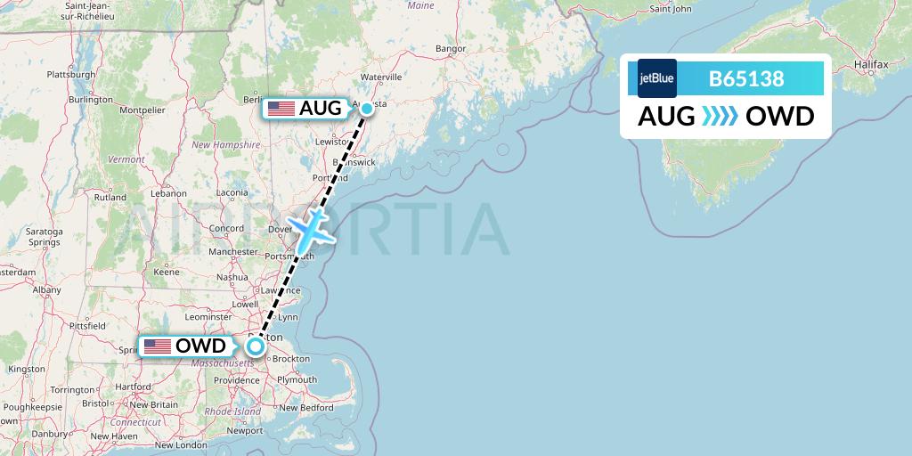 B65138 JetBlue Airways Flight Map: Augusta to Norwood