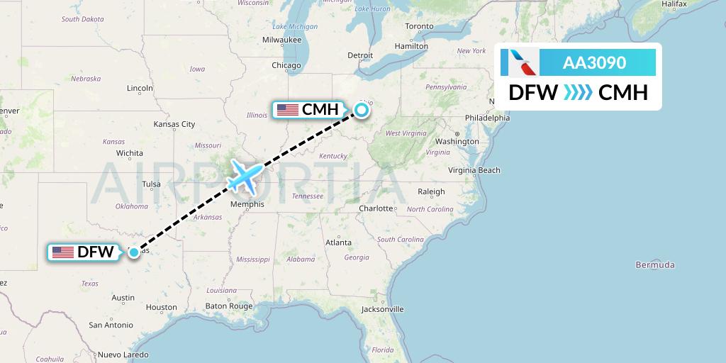 AA3090 American Airlines Flight Map: Dallas to Columbus