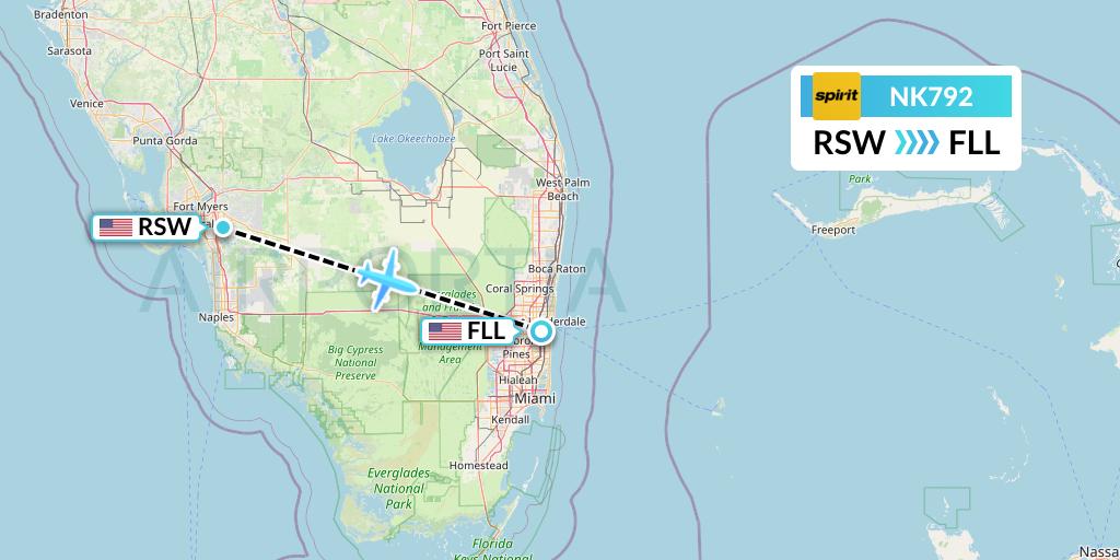 NK792 Spirit Airlines Flight Map: Fort Myers to Fort Lauderdale