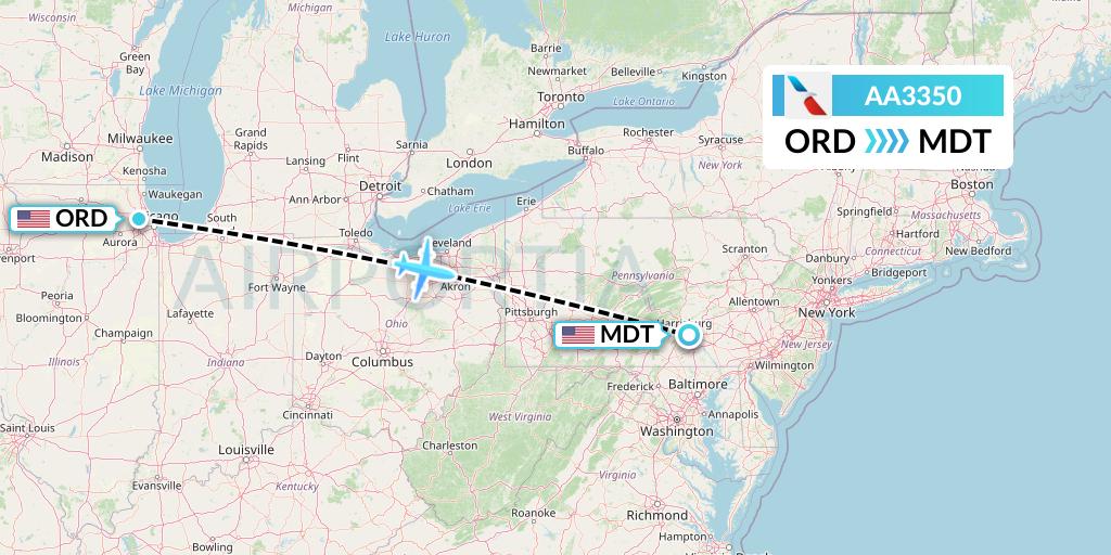 AA3350 American Airlines Flight Map: Chicago to Harrisburg