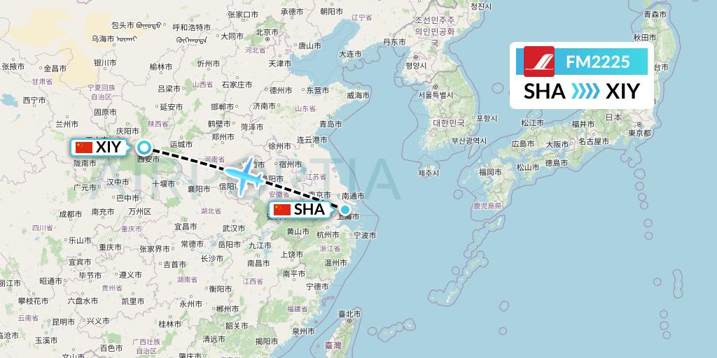 FM2225 Shanghai Airlines Flight Map: Shanghai to Xi'an