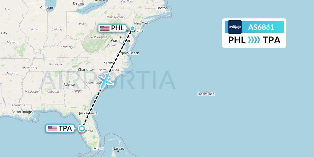 AS6861 Alaska Airlines Flight Map: Philadelphia to Tampa