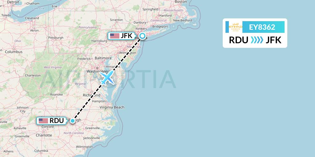 EY8362 Etihad Airways Flight Map: Raleigh-Durham to New York