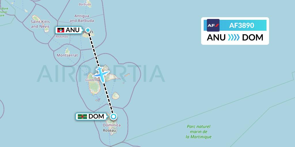 AF3890 Air France Flight Map: Antigua to Dominica