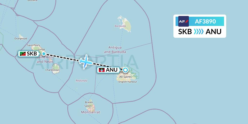 AF3890 Air France Flight Map: Basseterre to Antigua