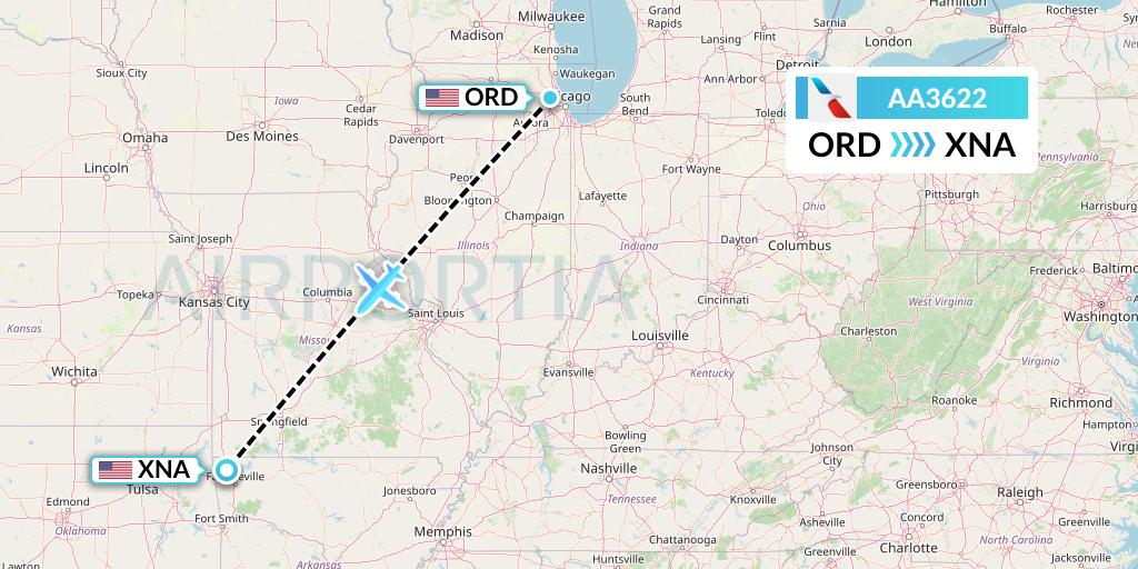 AA3622 American Airlines Flight Map: Chicago to Bentonville