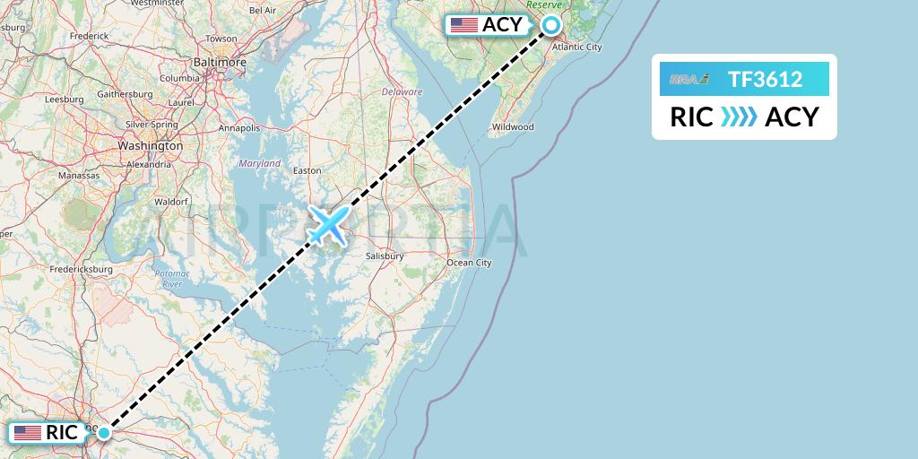 TF3612 Malmo Aviation Flight Map: Richmond to Atlantic City