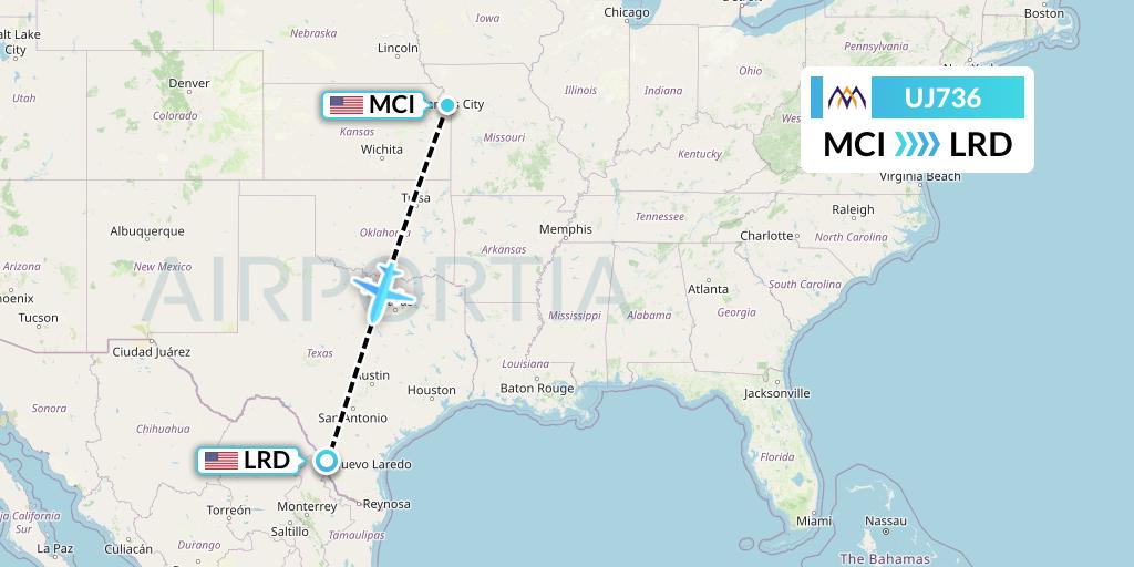 UJ736 AlMasria Universal Airlines Flight Map: Kansas City to Laredo