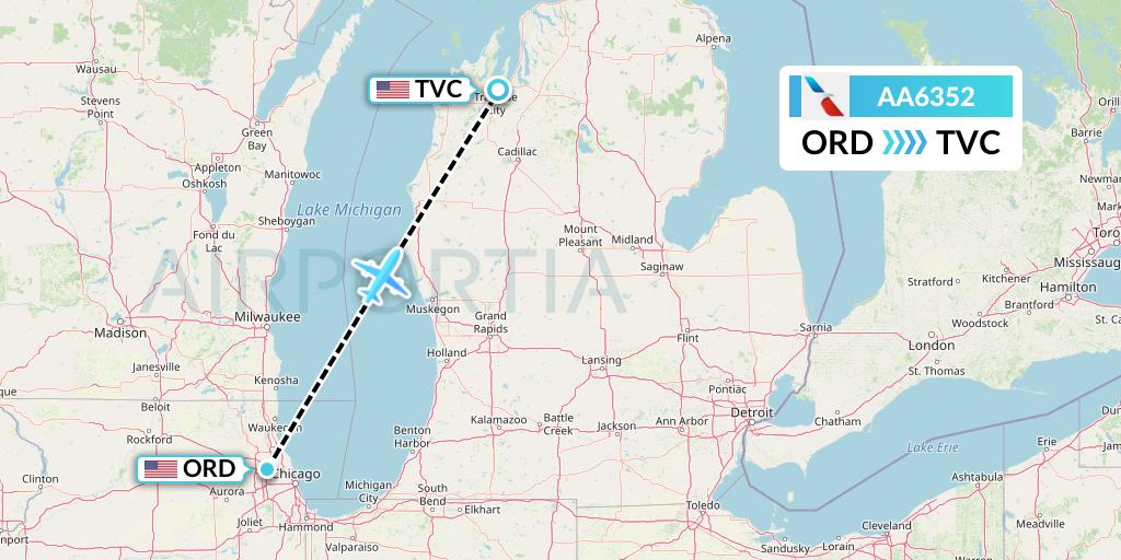 AA6352 American Airlines Flight Map: Chicago to Traverse City