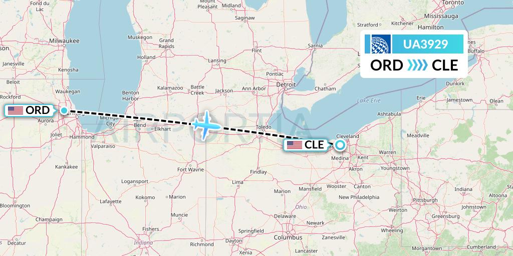 UA3929 United Airlines Flight Map: Chicago to Cleveland