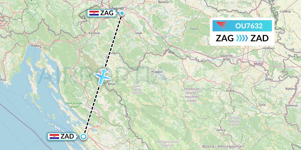 OU7632 Croatia Airlines Flight Map: Zagreb to Zadar