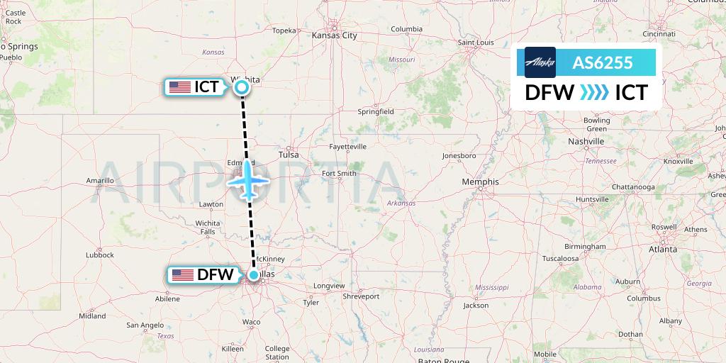 AS6255 Alaska Airlines Flight Map: Dallas to Wichita