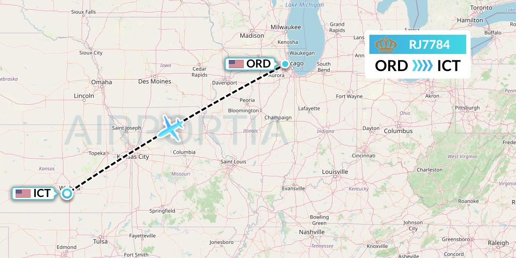 RJ7784 Royal Jordanian Flight Map: Chicago to Wichita