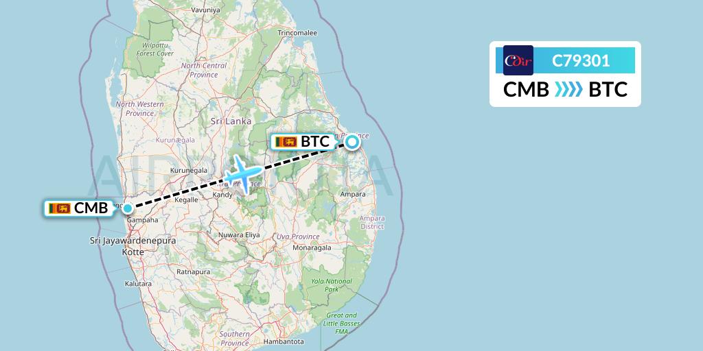 C79301 Cinnamon Air Flight Map: Colombo to Batticaloa