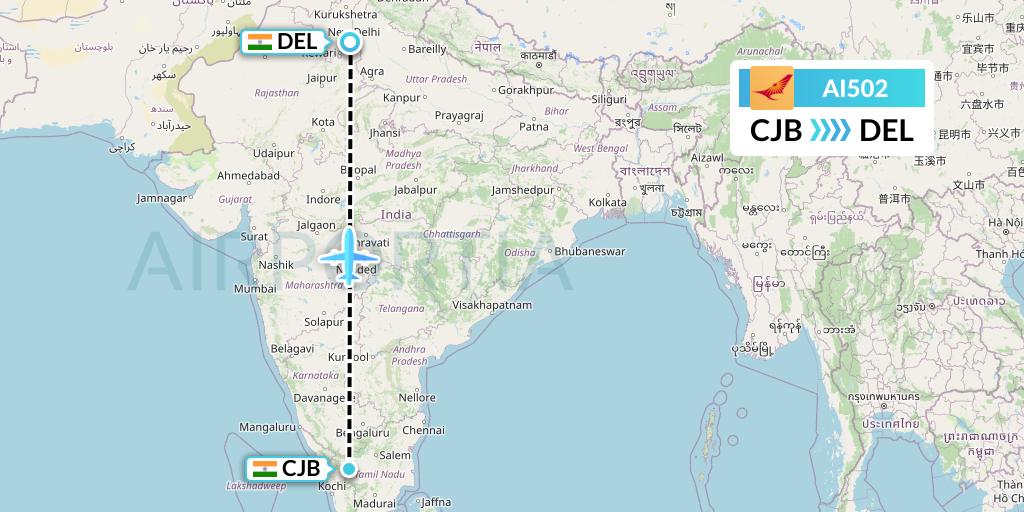 AI502 Air India Flight Map: Coimbatore to Delhi