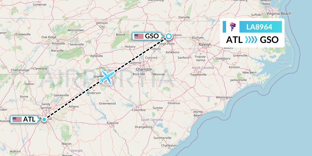 LA8964 LAN Airlines Flight Map: Atlanta to Greensboro