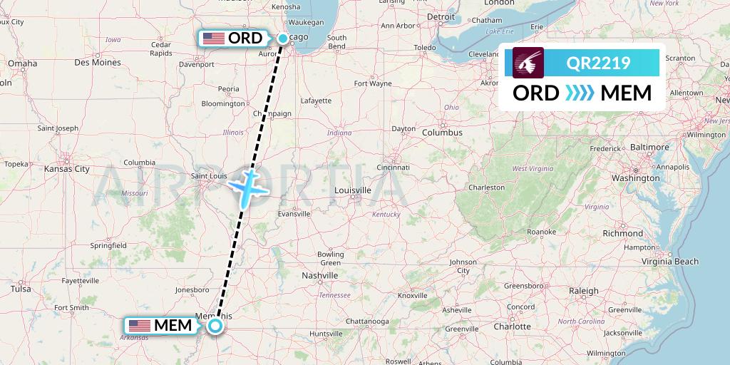 QR2219 Qatar Airways Flight Map: Chicago to Memphis
