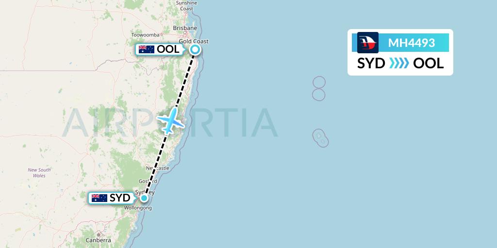 MH4493 Malaysia Airlines Flight Map: Sydney to Gold Coast