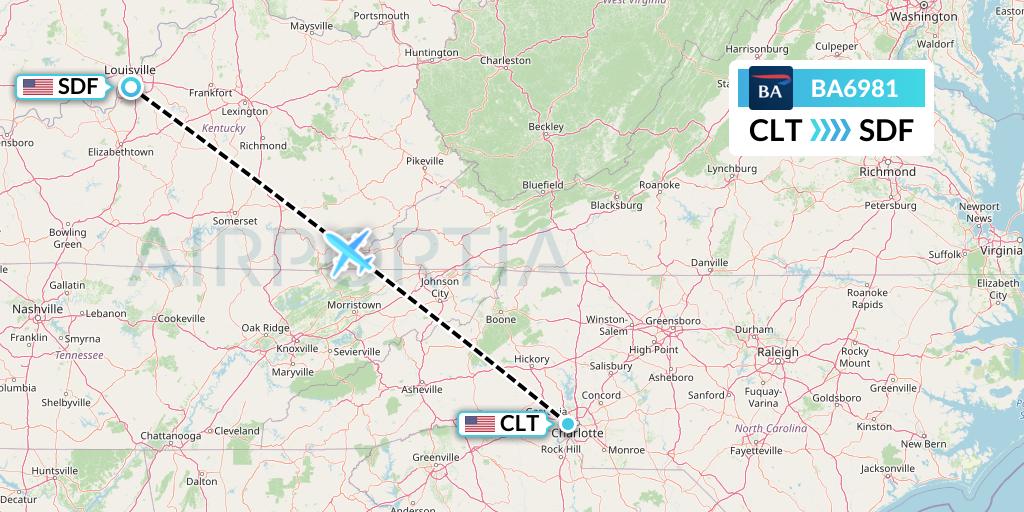 BA6981 British Airways Flight Map: Charlotte to Louisville