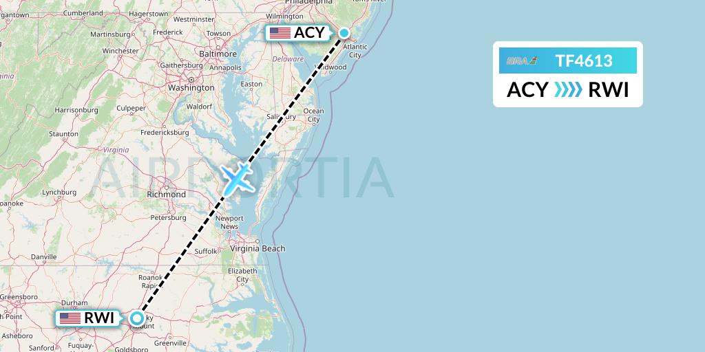 TF4613 Malmo Aviation Flight Map: Atlantic City to Rocky Mount