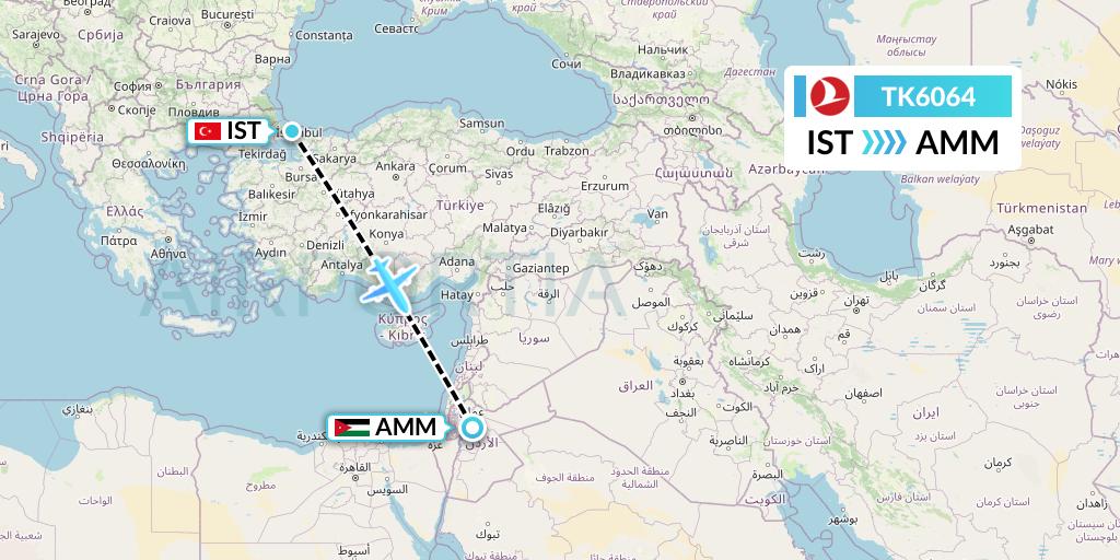 TK6064 Turkish Airlines Flight Map: Istanbul to Amman