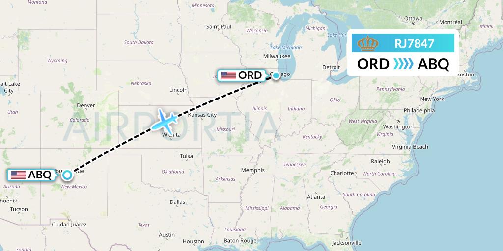 RJ7847 Royal Jordanian Flight Map: Chicago to Albuquerque