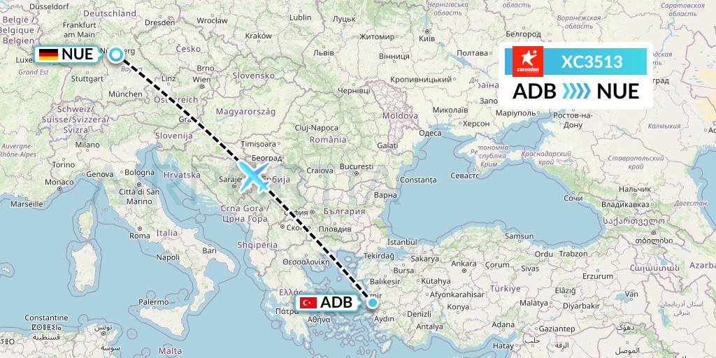 XC3513 Corendon Airlines Flight Map: Izmir to Nurnberg